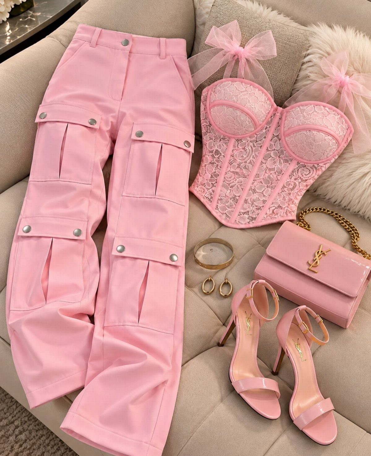 Pink lace corset top and pink cargo pants with matching accessories on a sofa
