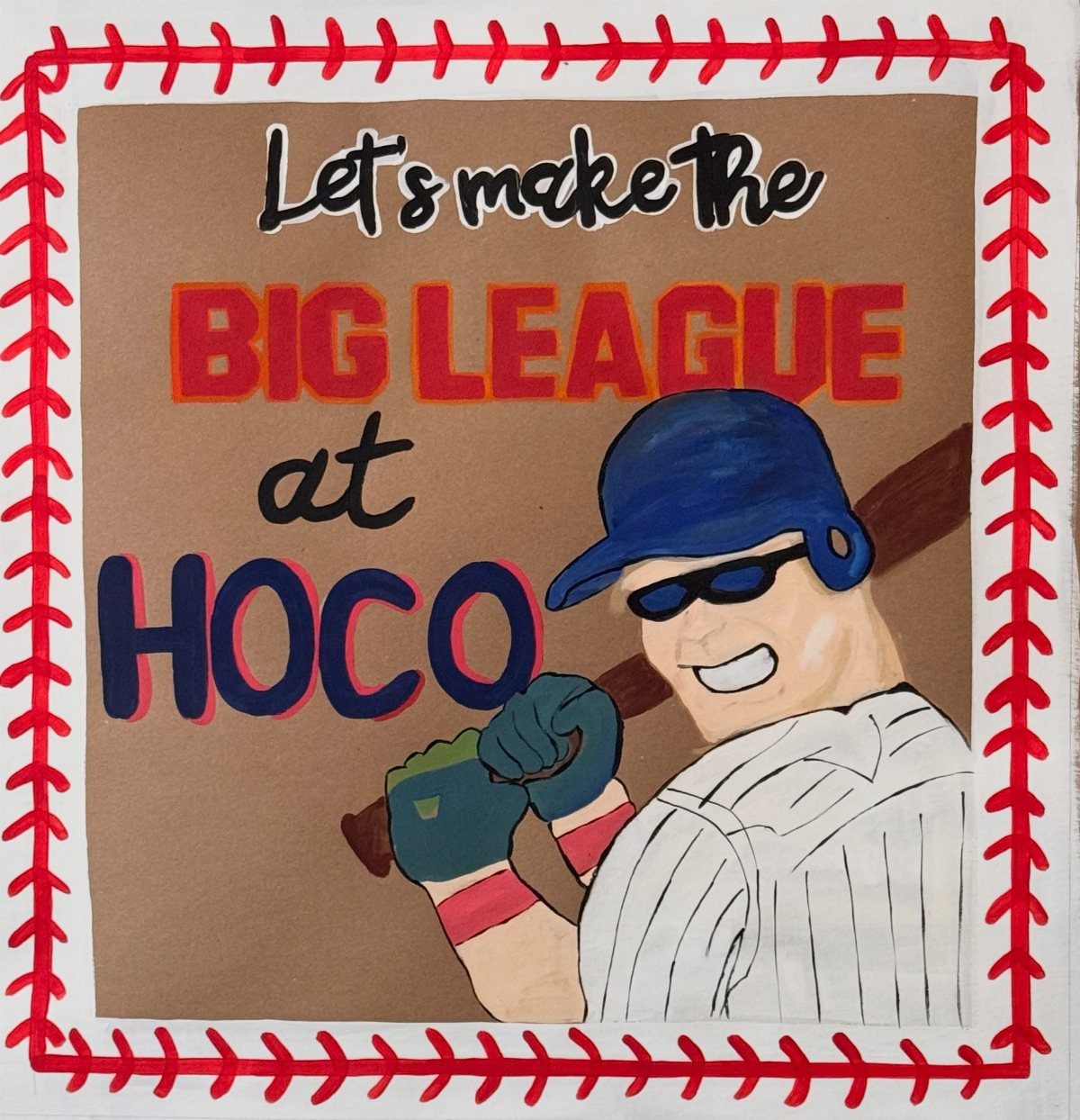 Baseball homecoming proposal sign with a player drawing and red stitch border.