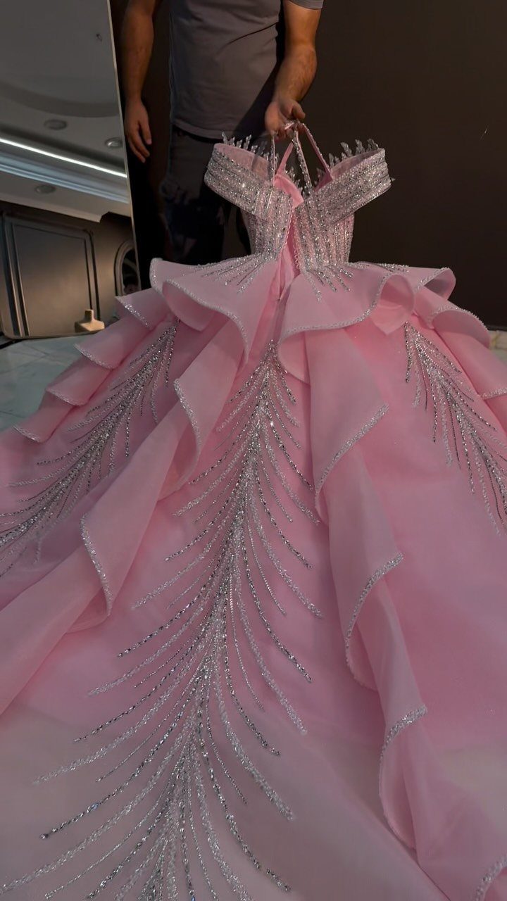 Light pink ball gown with silver glitter embroidery and ruffled skirt held by person