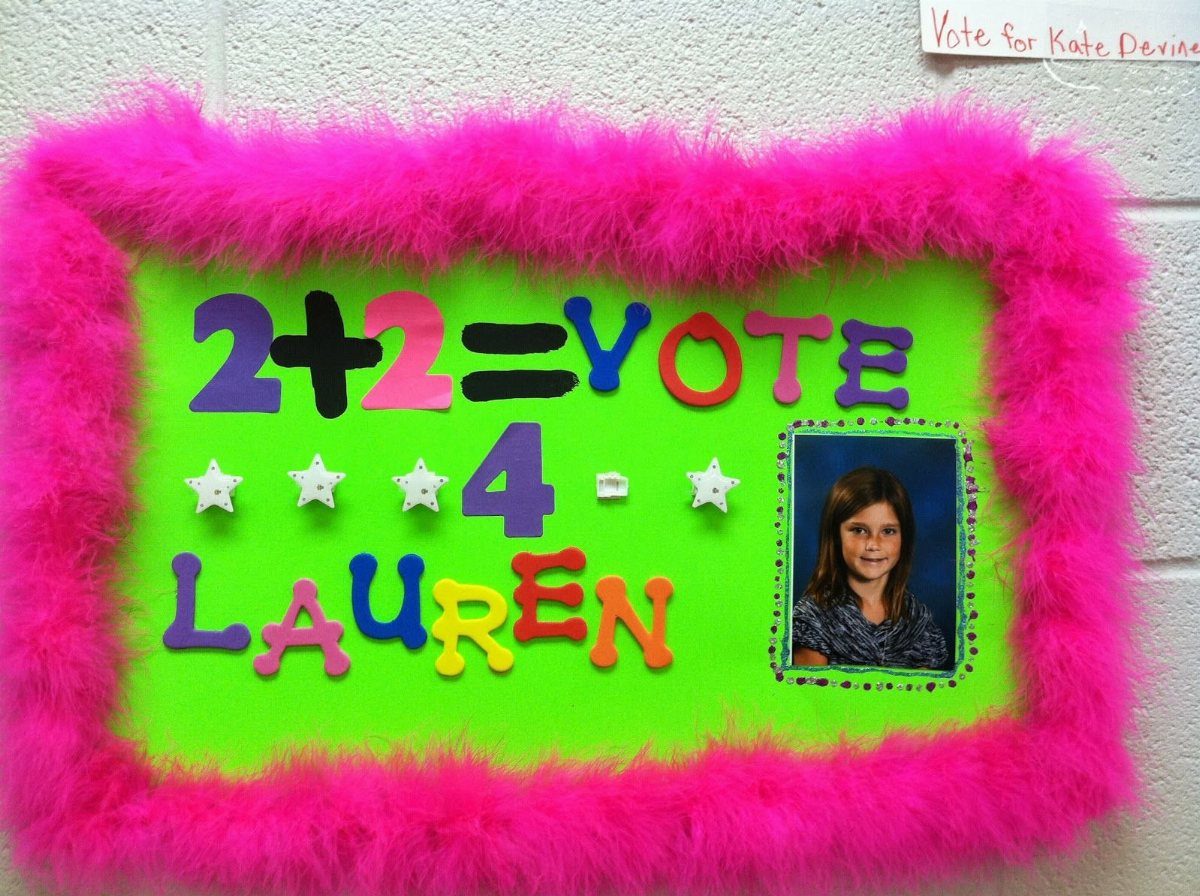 Colorful homecoming campaign poster for Lauren with pink feather boa border and photo.