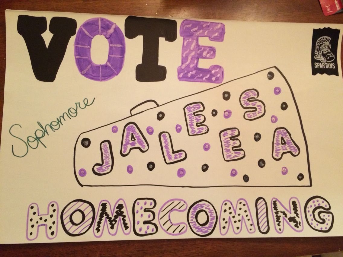 Hand-drawn homecoming campaign poster with purple and black lettering and a cheese slice.
