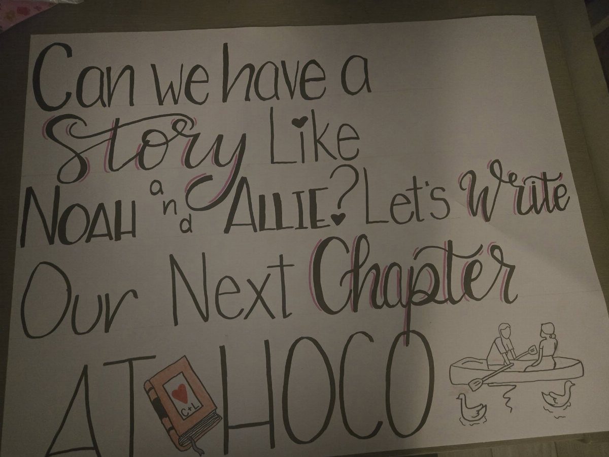Hand-drawn homecoming proposal poster referencing The Notebook with a rowboat illustration.