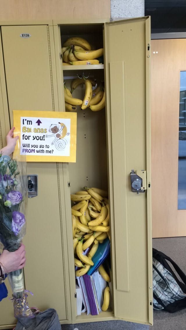 Locker filled with bananas and a promposal sign saying I'm Bananas for you