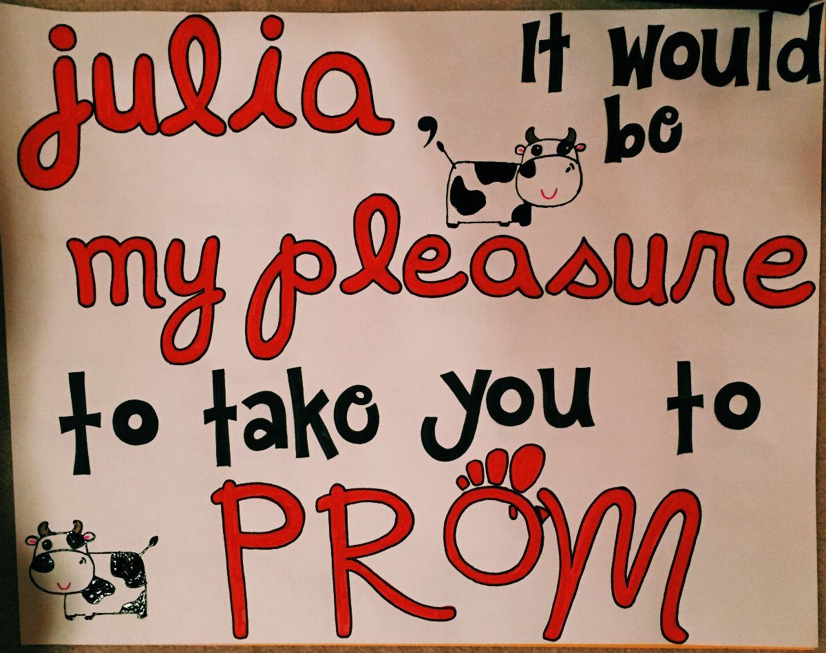 Hand-drawn promposal poster for Julia with red text and cute cow illustrations.