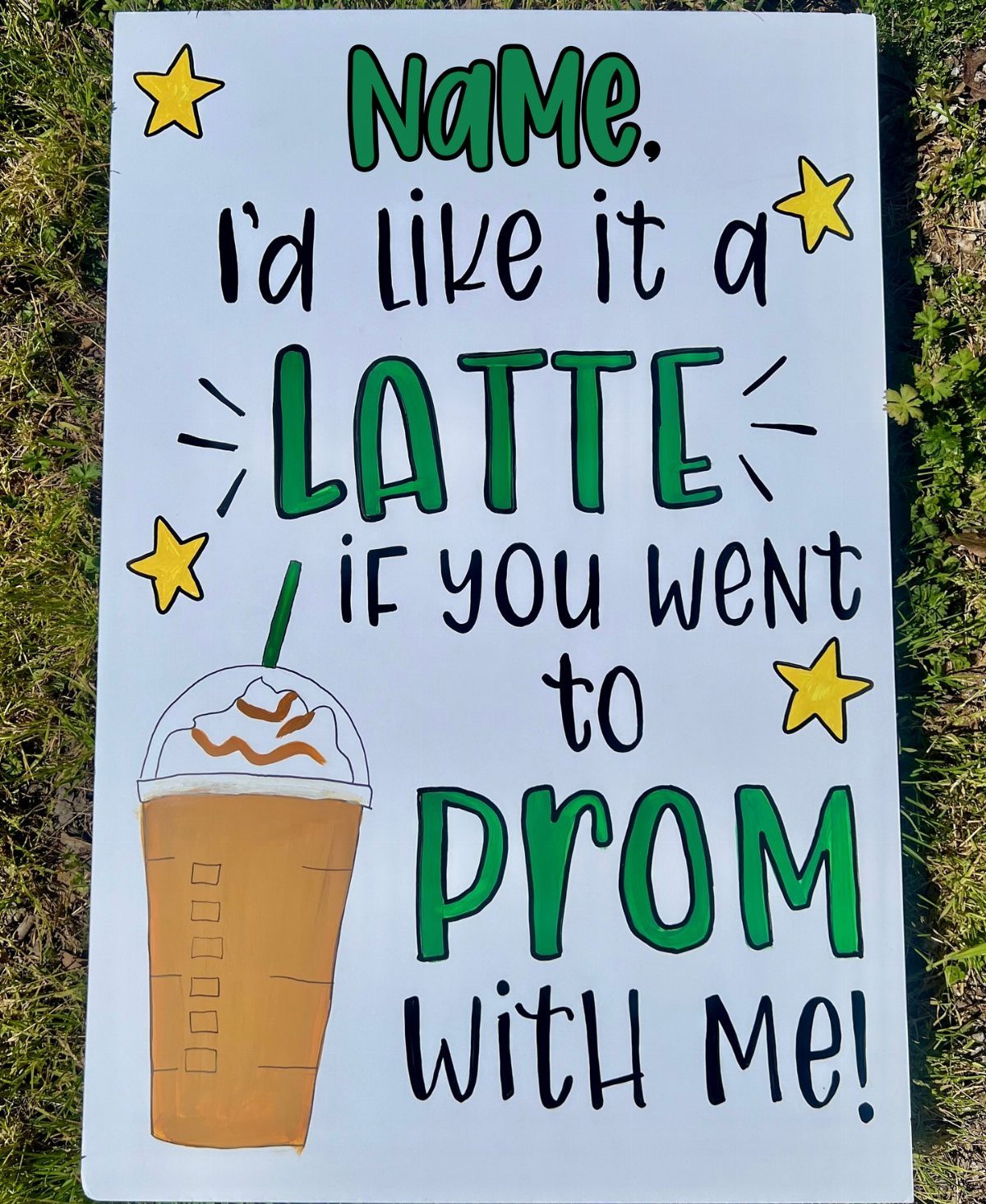 Hand-drawn promposal poster with coffee illustration and text on a grassy background
