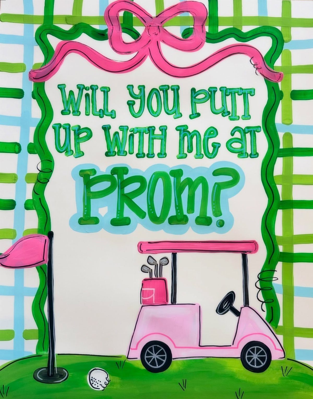 Hand-drawn promposal poster with a pink golf cart and golf-themed pun text.