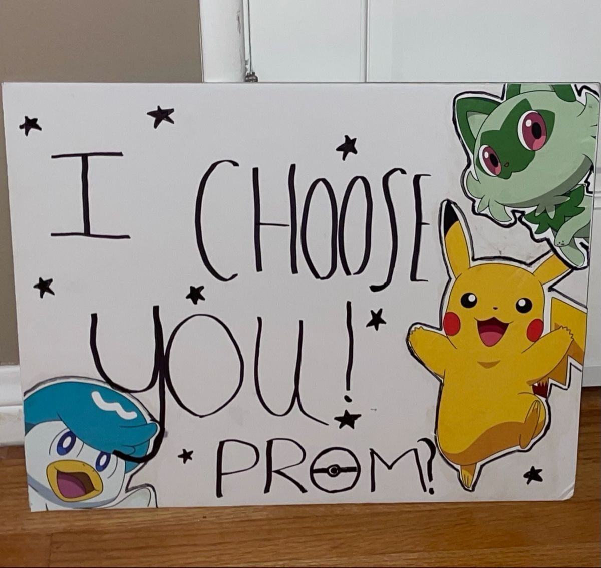 Pokemon themed promposal poster with Pikachu and text saying I choose you prom