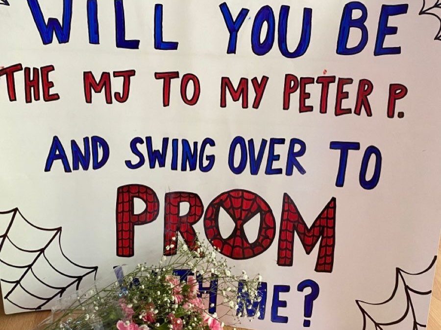 Spider-Man themed promposal poster with red and blue text and a bouquet of flowers