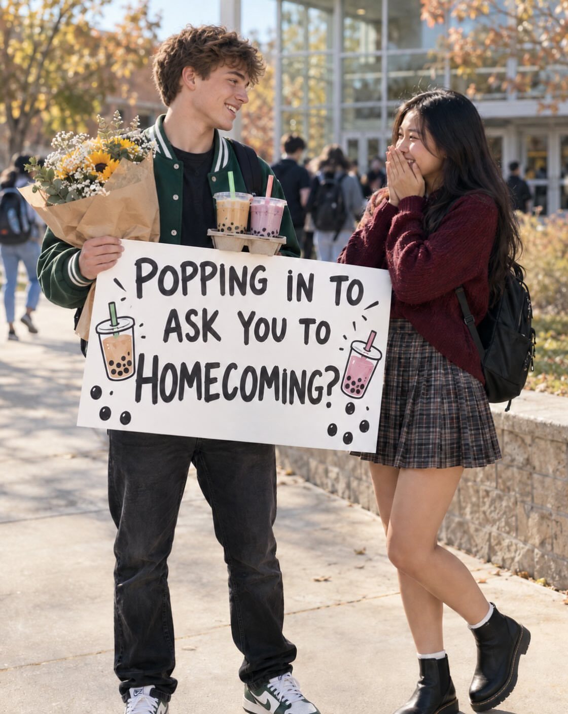 Teenage boy holding a homecoming proposal sign, flowers, and bubble tea for a girl.