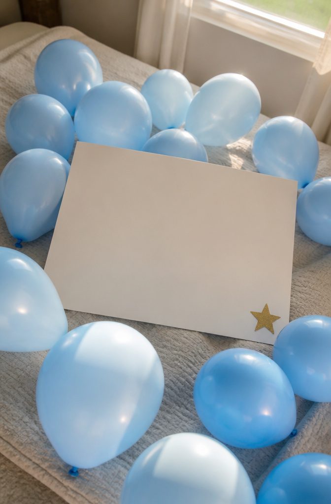 A sign on pastel blue balloons with a gold star sticker.