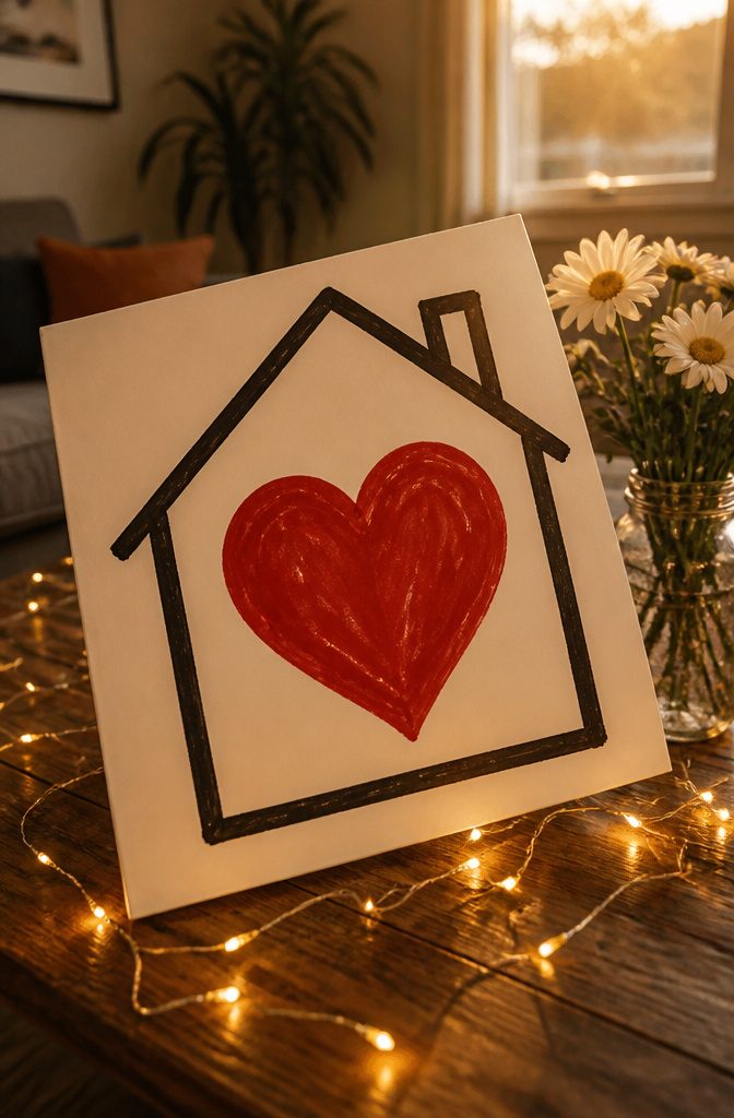 A simple sign with soft lettering against an empty background.