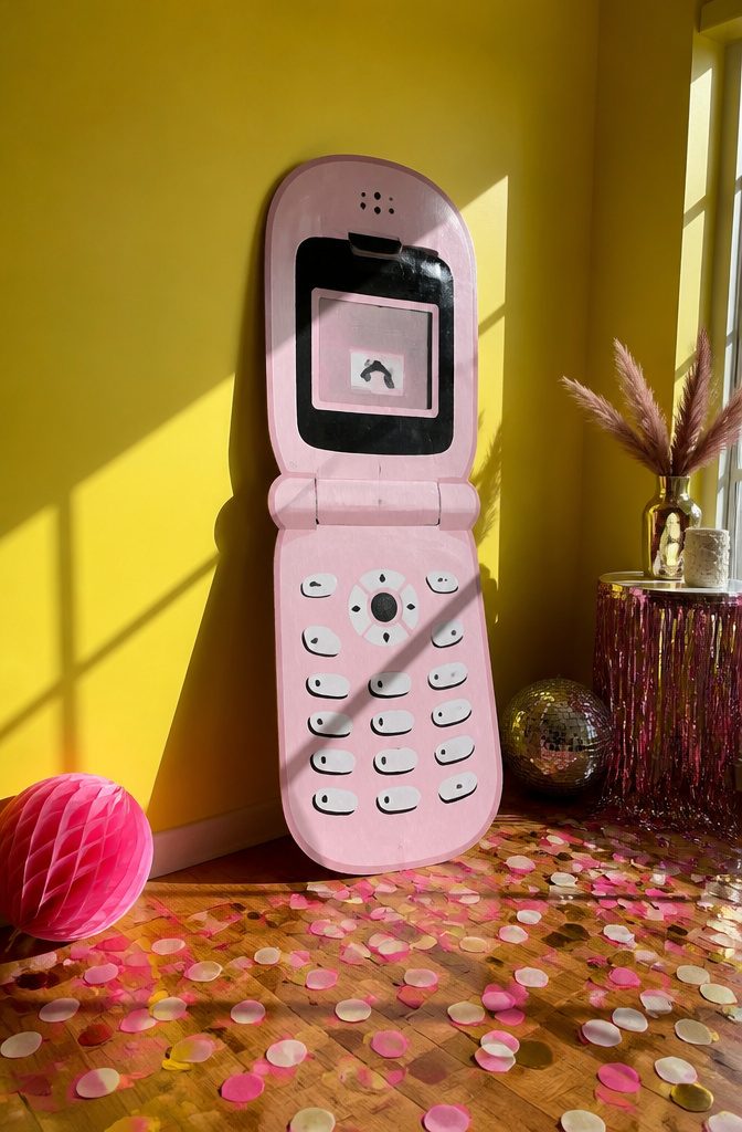 A bright yellow wall with a flip phone cutout and confetti.