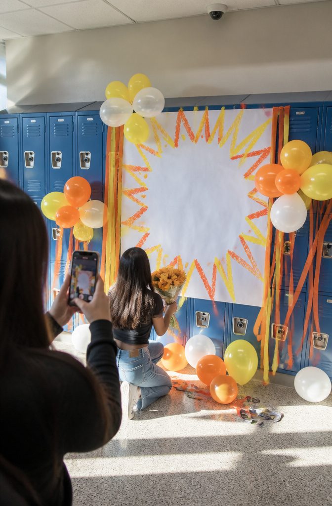 A decorated locker area with a large proposal sign.