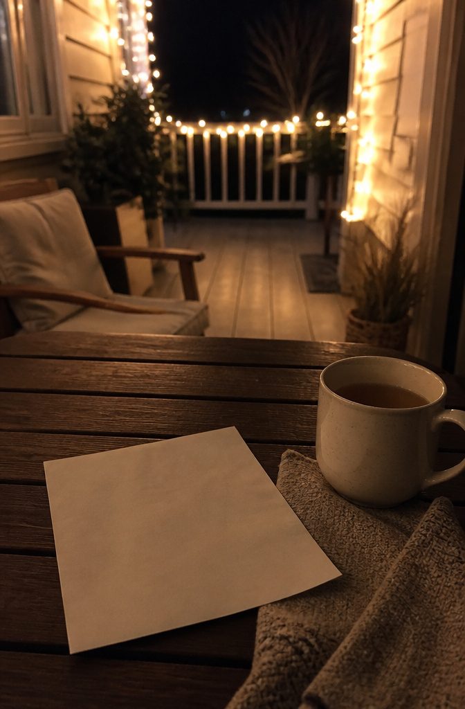 A simple note next to a cup of tea on a porch.