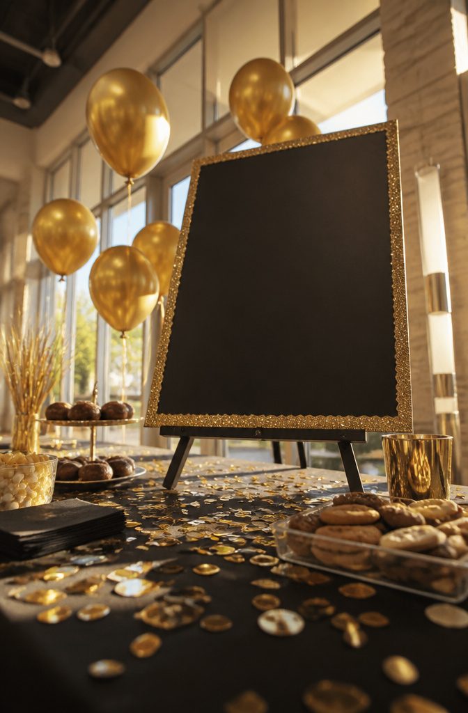 A poster in school colors with gold balloons.