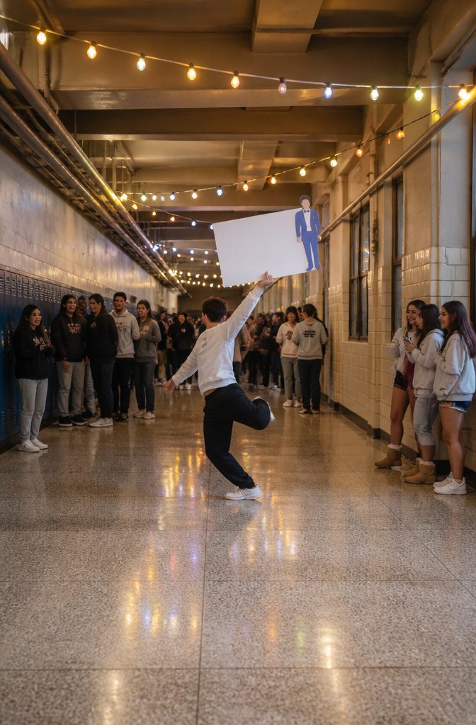 A person dancing with a proposal sign in a hallway.