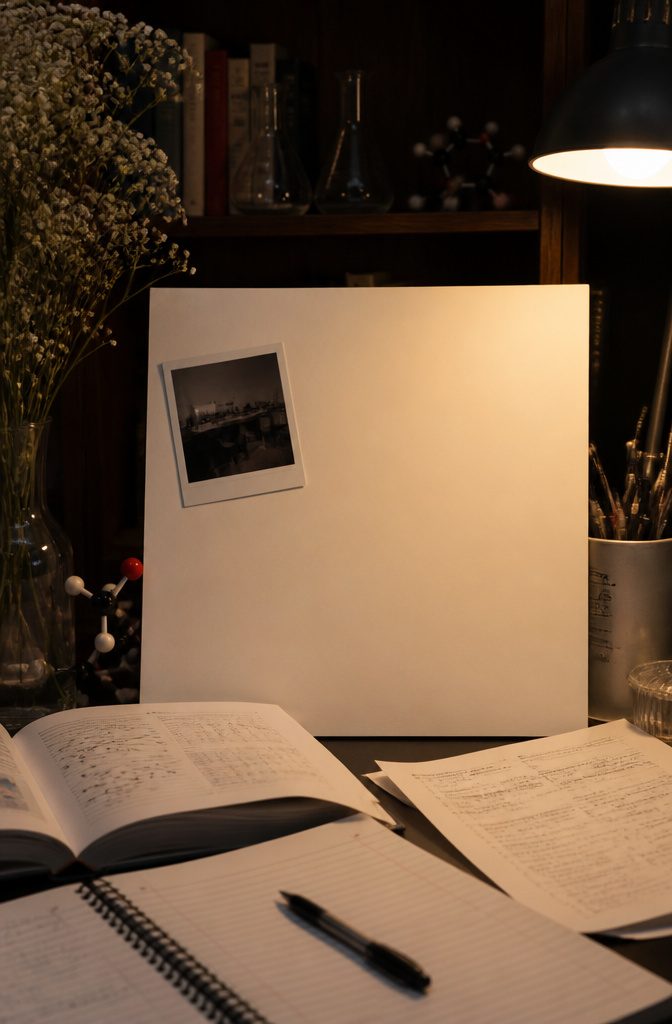 A study space with a sign and a Polaroid photo.