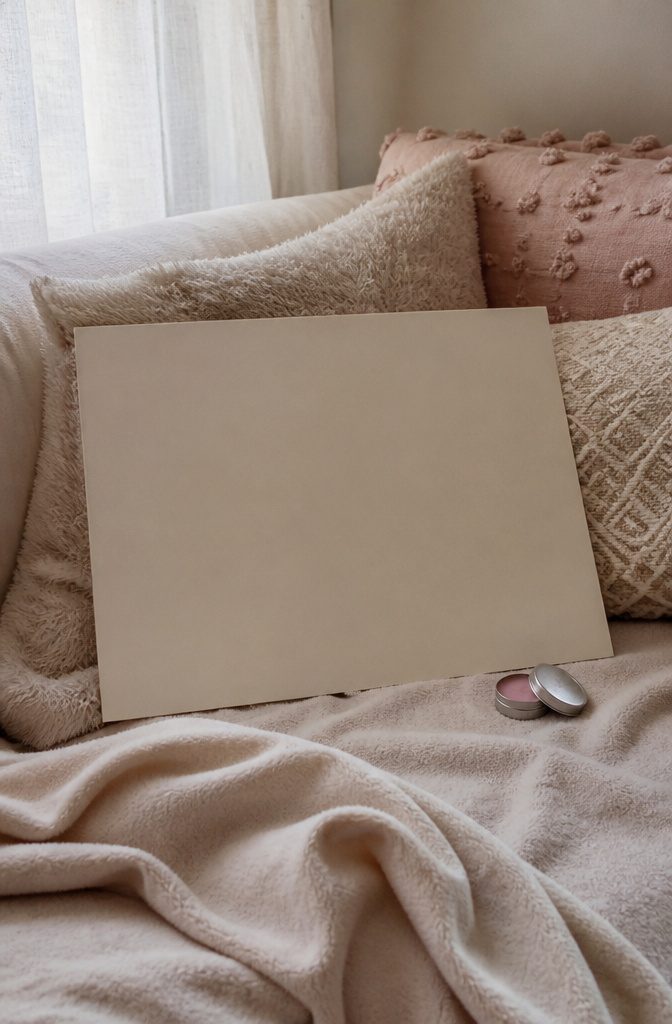 A handwritten sign against a cozy nook with cushions.