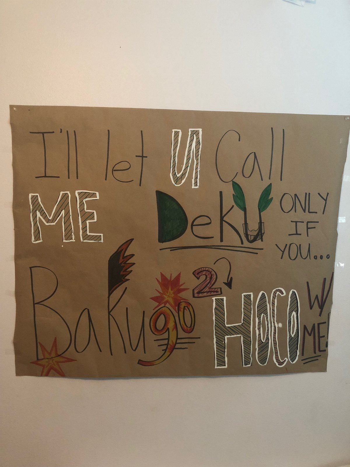 Brown poster board with hand-drawn anime-themed homecoming proposal text and colorful accents.