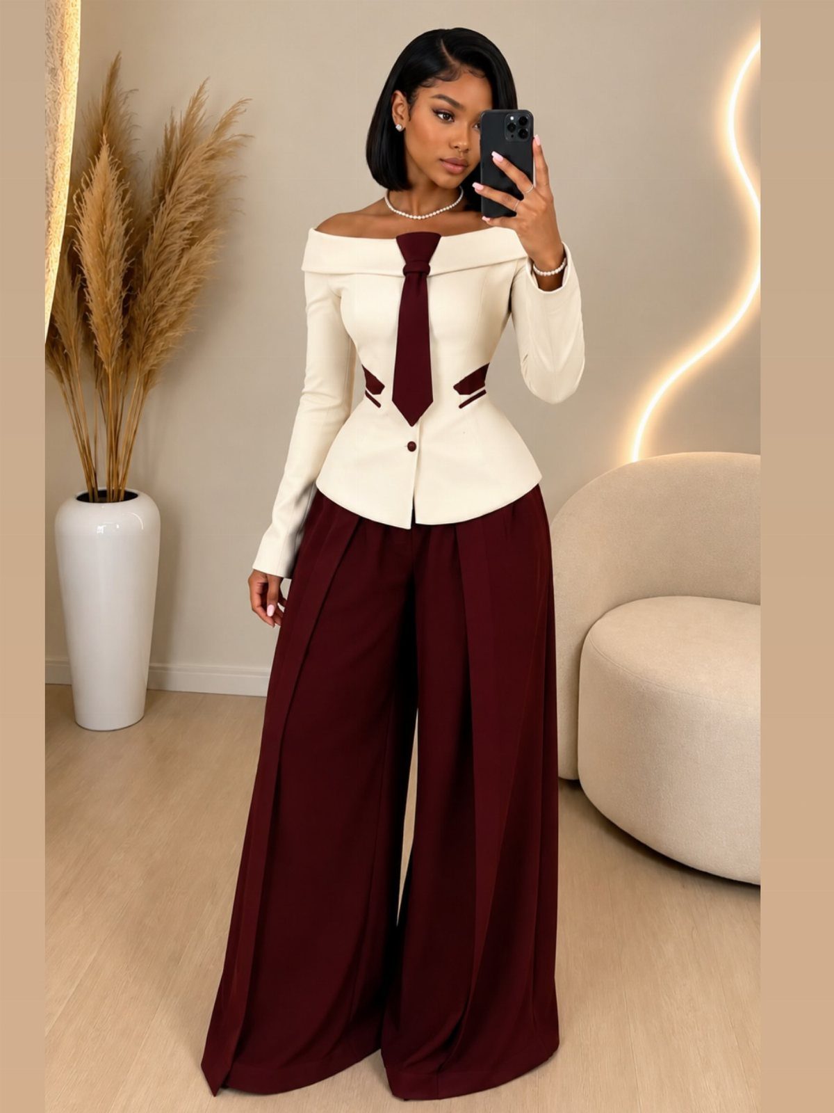 Woman wearing a white blazer with burgundy tie and matching wide-leg burgundy trousers.