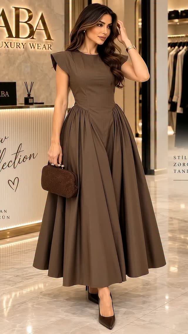 Woman in a brown short-sleeved midi dress with a pleated skirt and clutch.