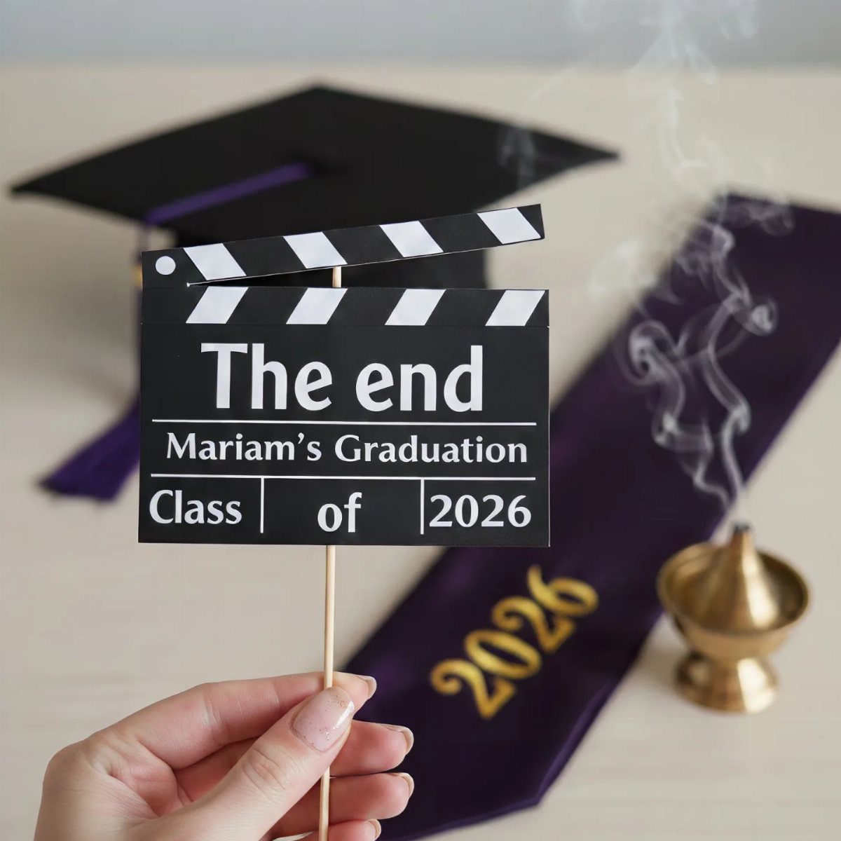 Hand holding a movie clapperboard graduation sign with a cap and purple stole.