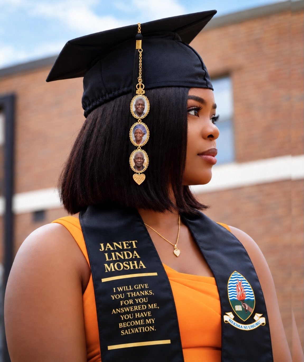Graduating woman in profile wearing a cap with a custom photo tassel.