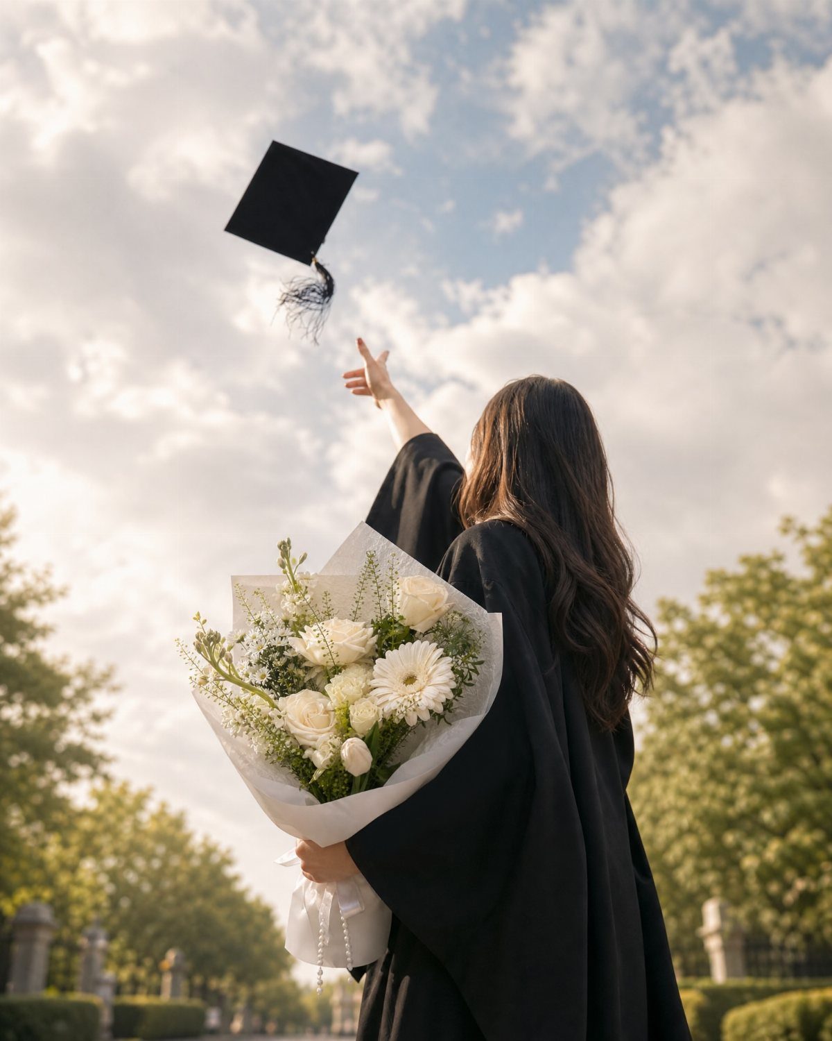 Graduate in black gown tossing her cap into the sky while holding white flowers