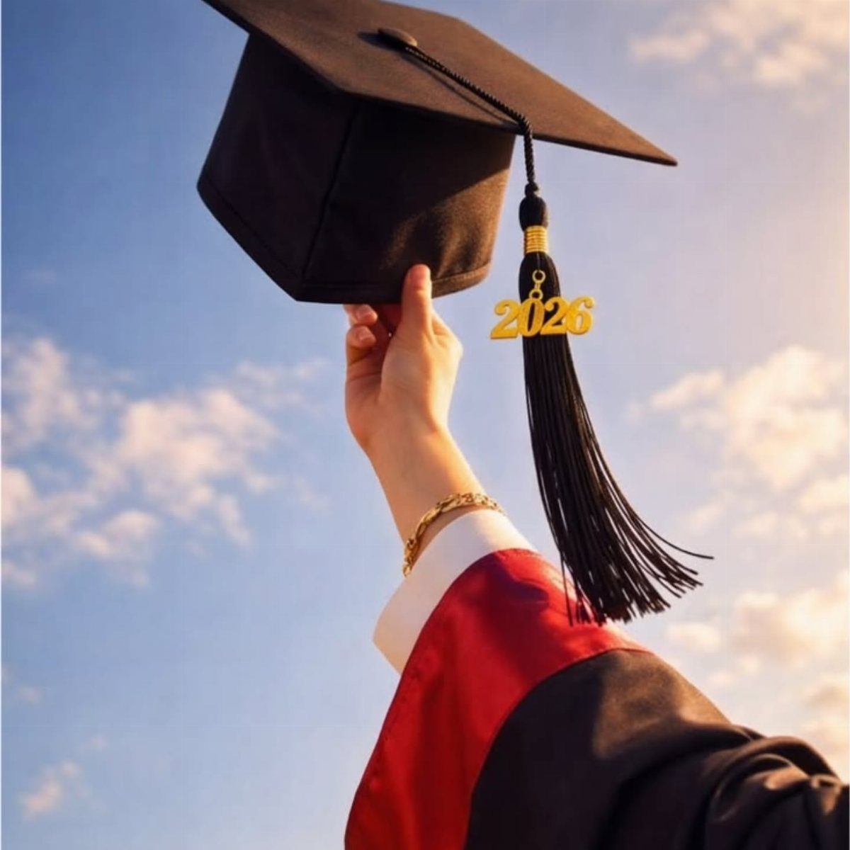 Hand holding a black graduation cap with 2026 charm against a blue sky