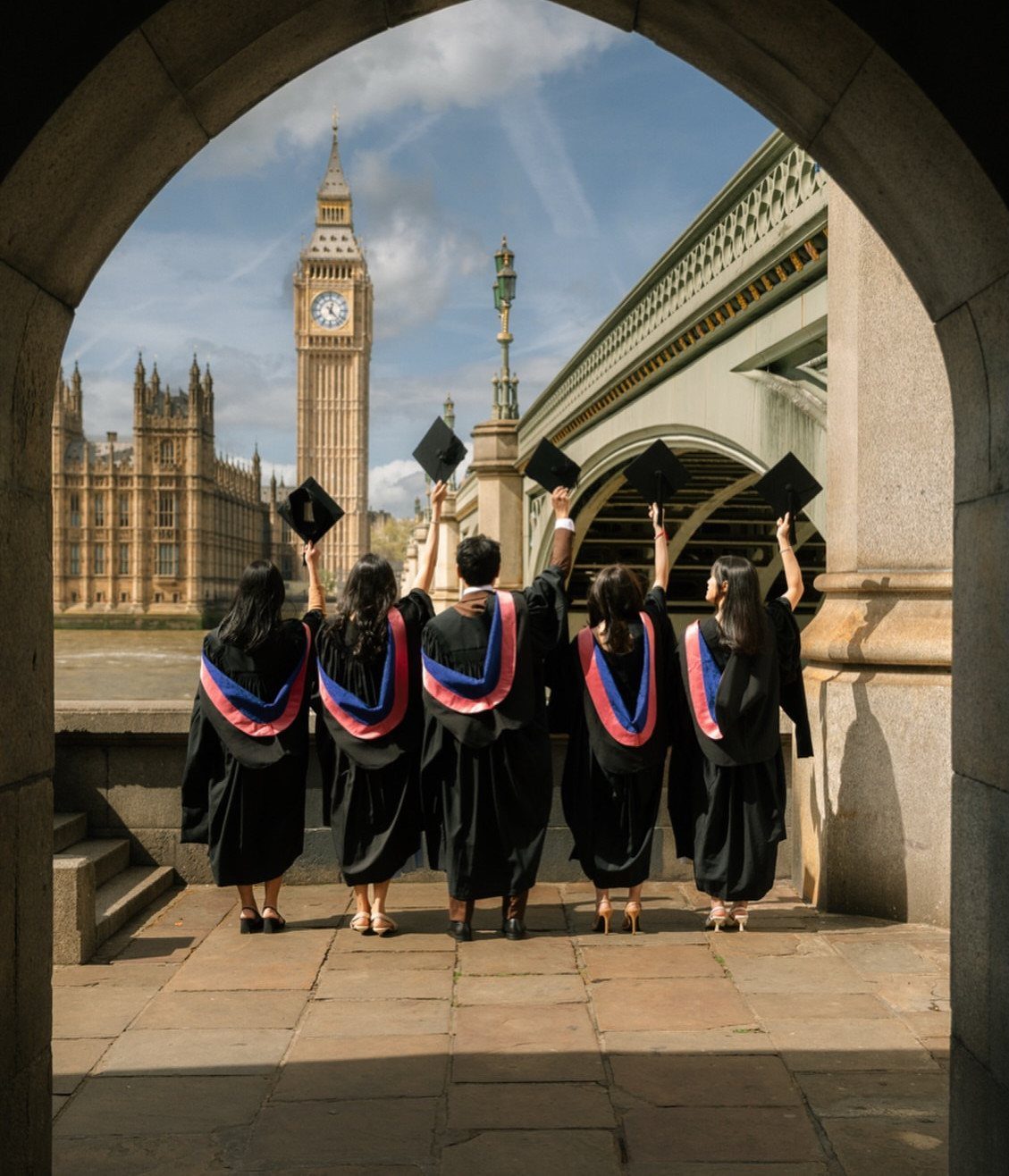Five graduates in gowns holding up caps facing Big Ben through a stone archway