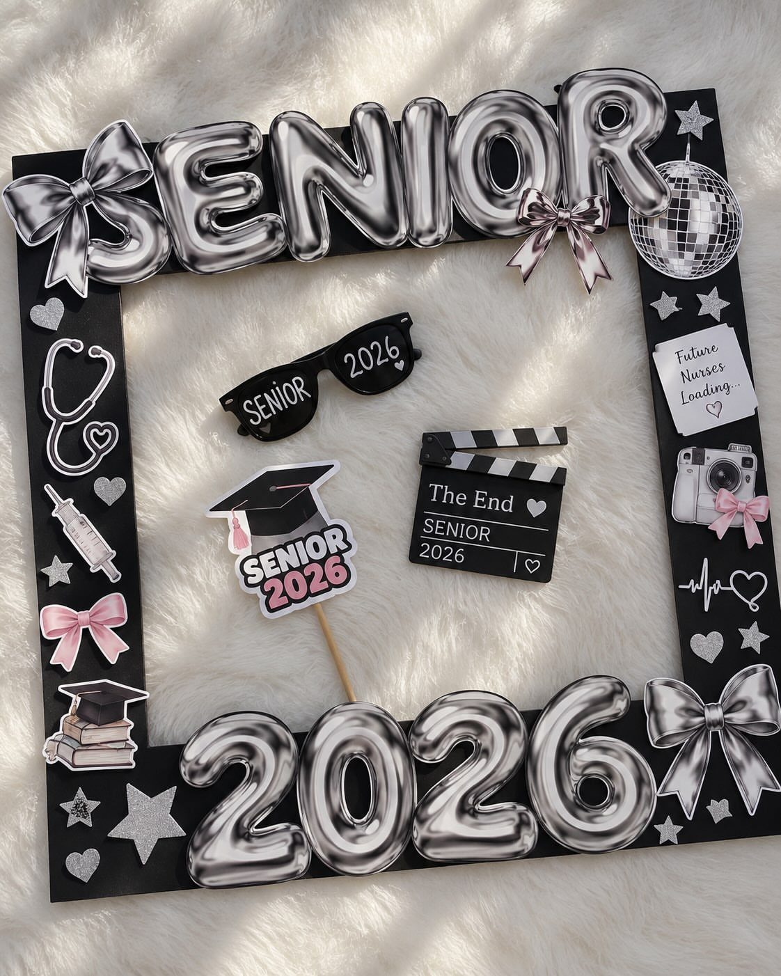 Senior 2026 graduation frame with nursing and movie themed personality accessories on white fur