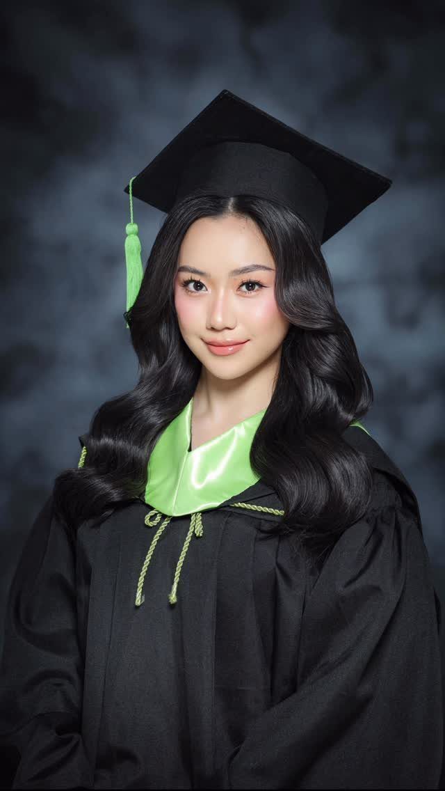 Graduating woman wearing a black gown, mortarboard, and lime green satin stole.