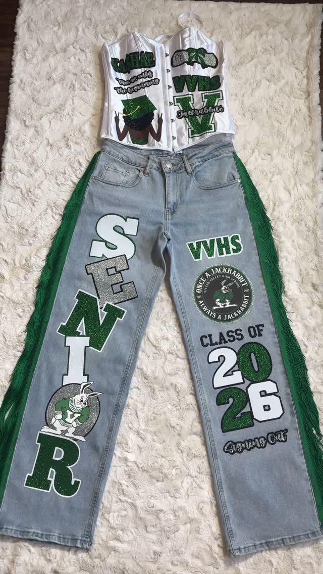 Customized graduation outfit with a white corset and jeans featuring senior class text.