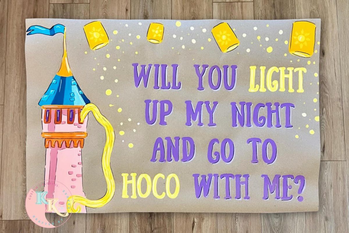 Hand-drawn hoco proposal poster with a castle and floating lanterns on brown board.