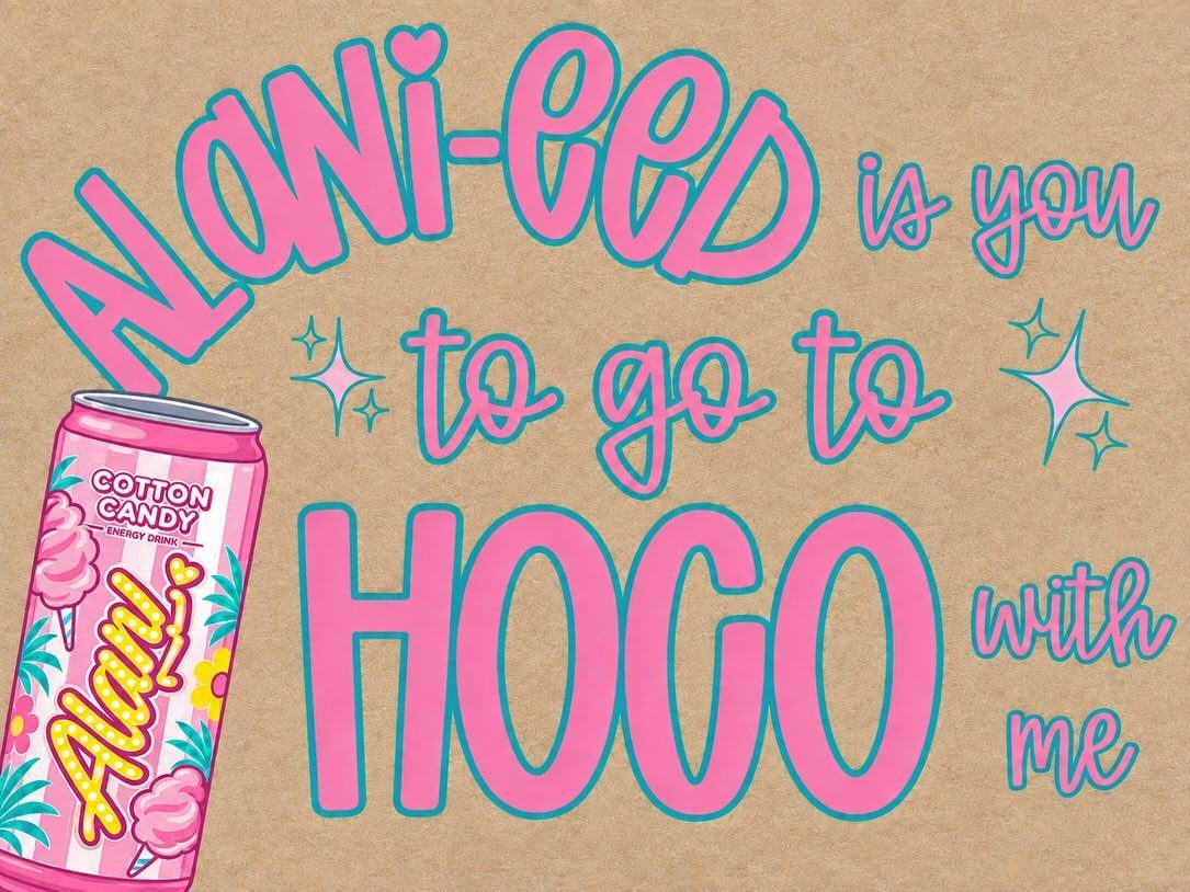 Cardboard homecoming proposal poster with pink text and an energy drink can.