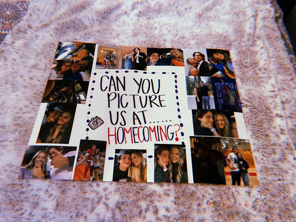 Homecoming proposal poster with a photo collage and a punny question about pictures.