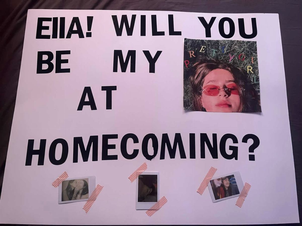 Homecoming proposal poster with black text, a girl's photo, and small polaroids.