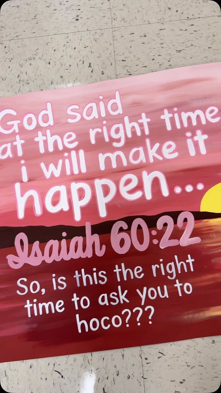 Hand-painted sunset poster with a biblical quote asking someone to homecoming dance