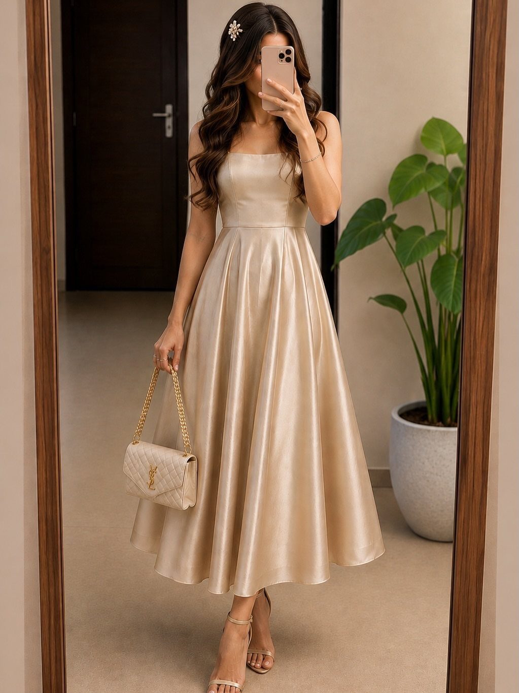 Woman in a champagne satin A-line dress posing for a mirror selfie.