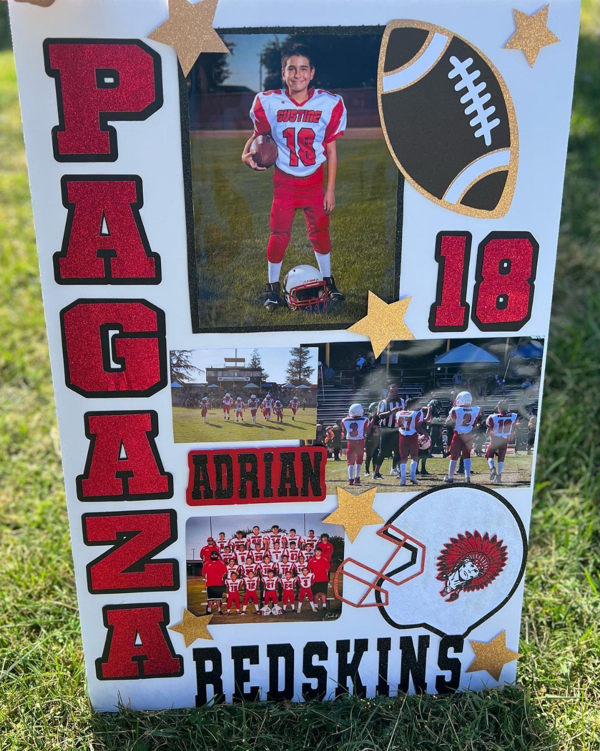 Football player poster with red glitter lettering, team photos, and gold star decorations.