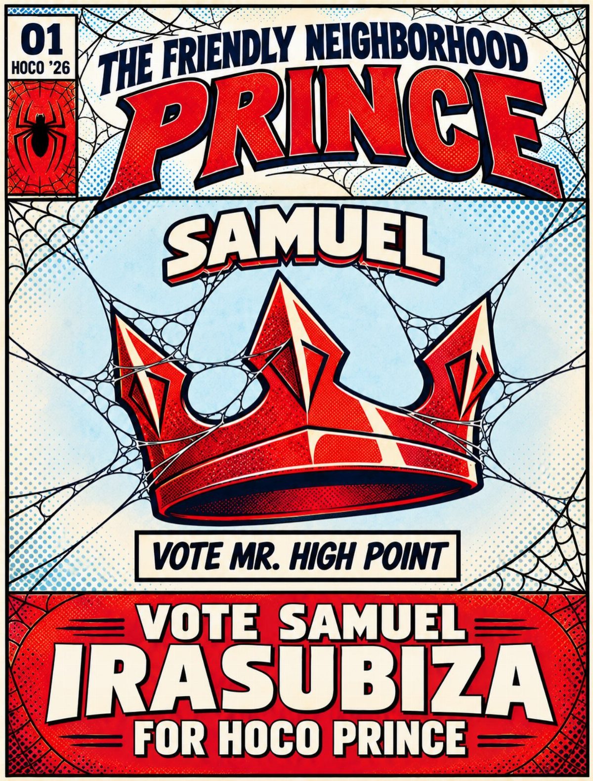 Comic book style homecoming poster featuring a red crown and spider webs.