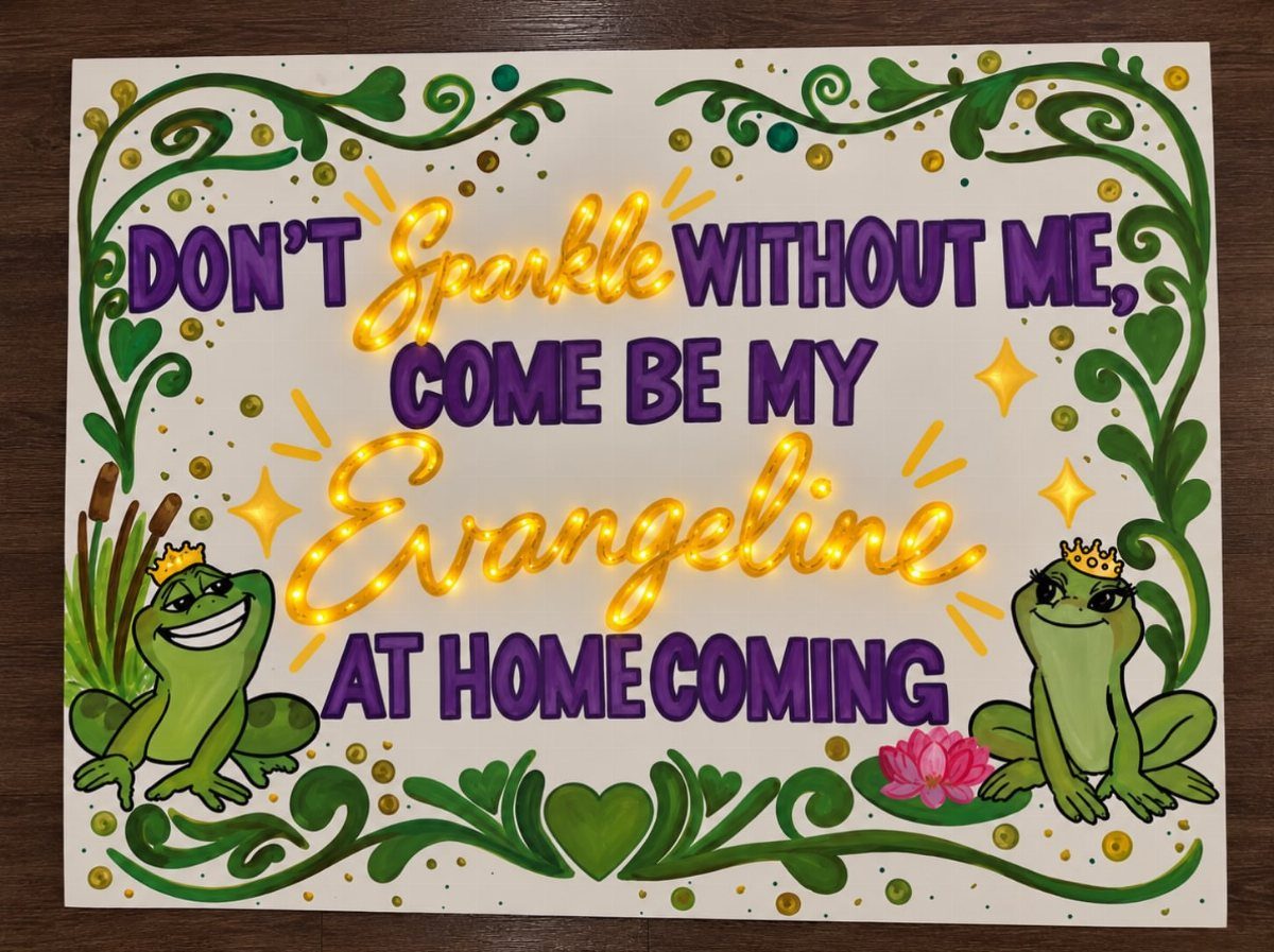 White homecoming poster with purple text, glowing yellow letters, and green frog illustrations.