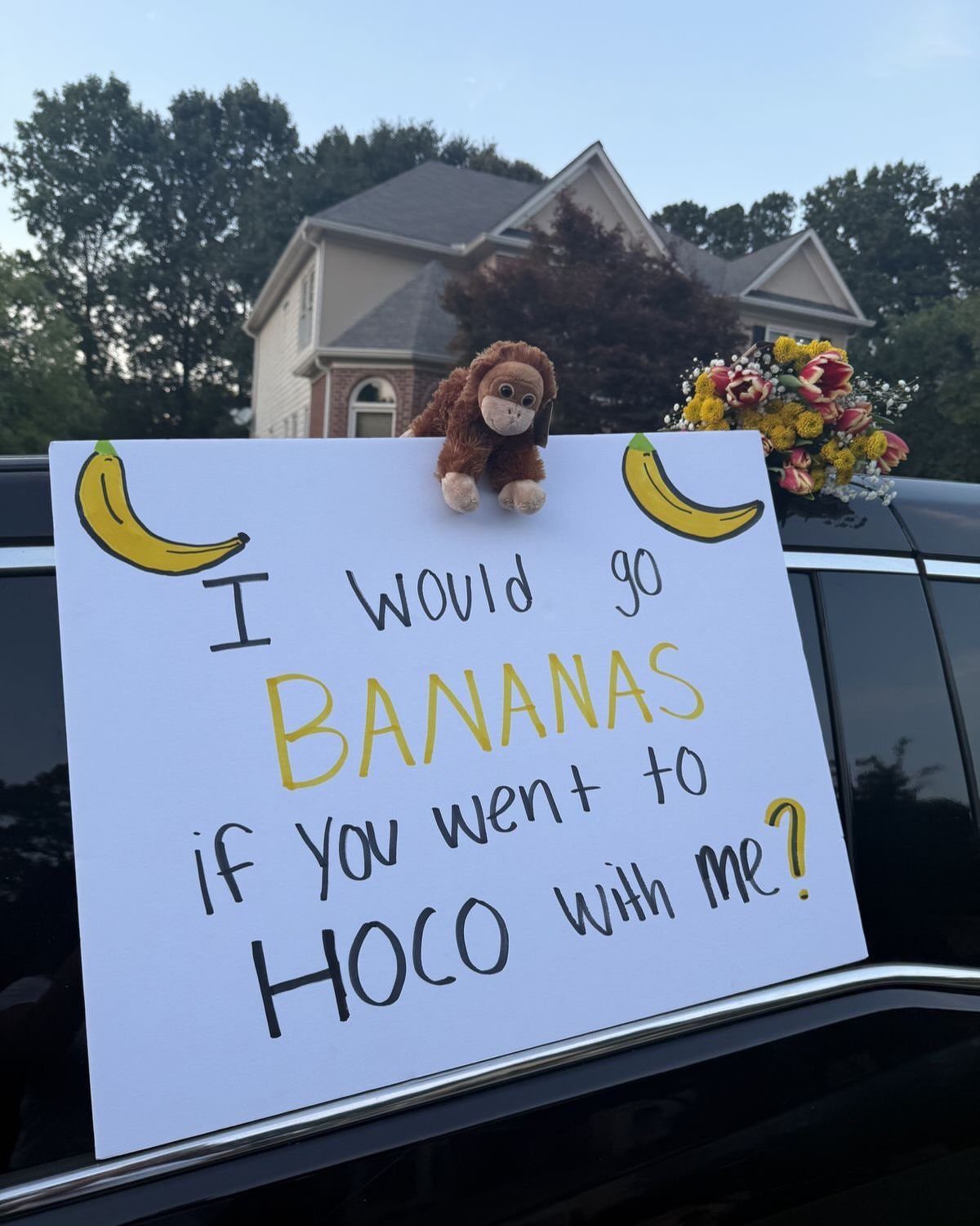 Homecoming proposal sign with monkey plush and flowers resting on a black car.