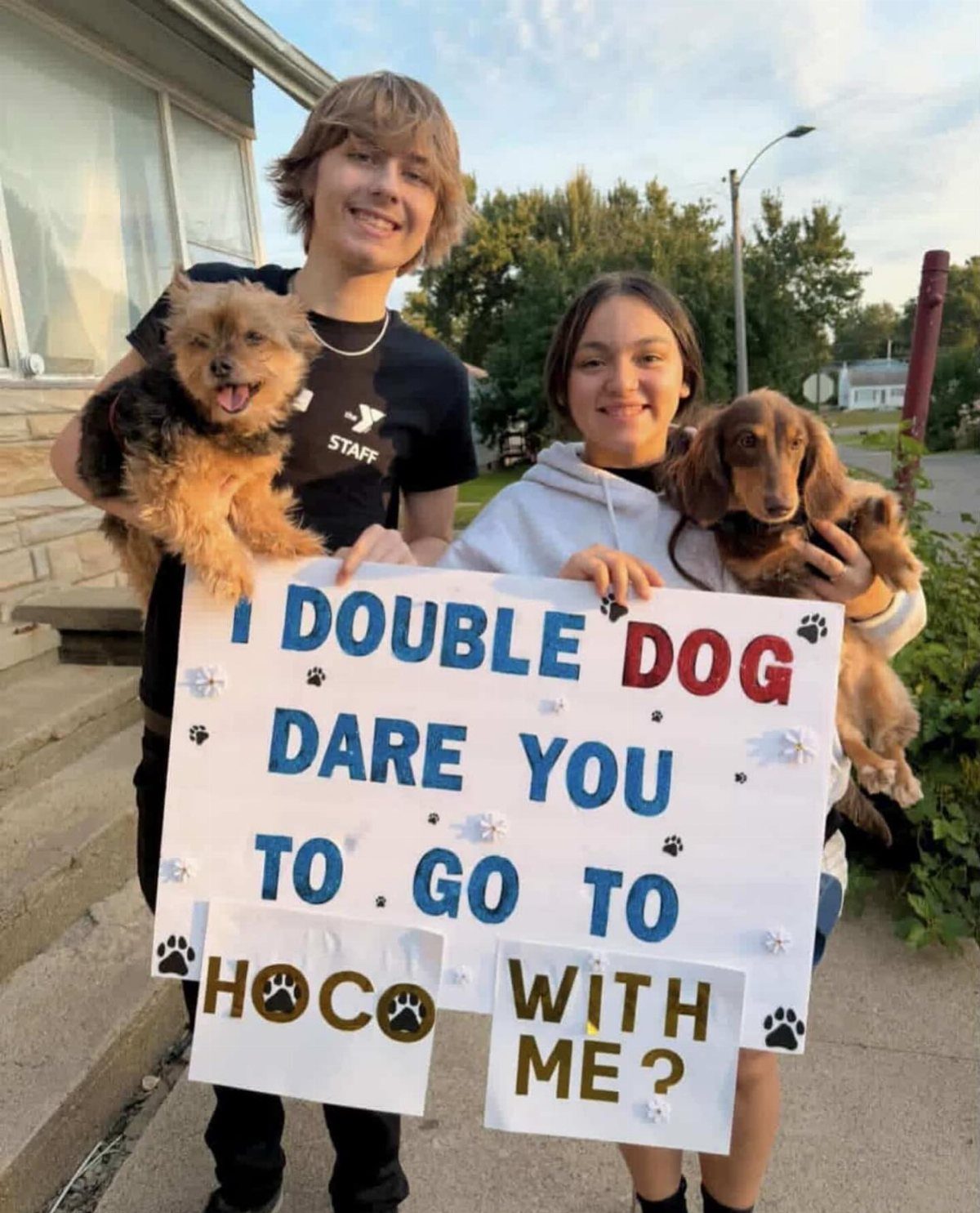Teenagers holding two small dogs and a homecoming proposal sign outdoors.