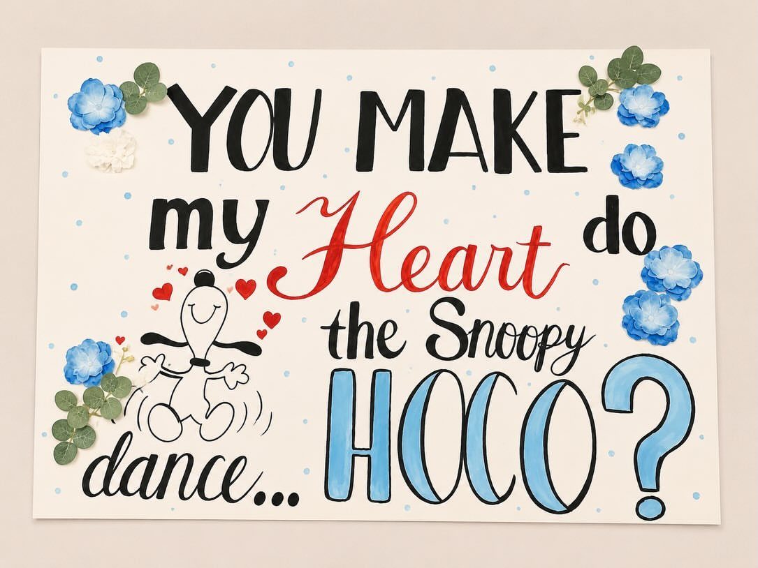 Hand-drawn homecoming proposal sign featuring Snoopy and blue paper flower decorations.