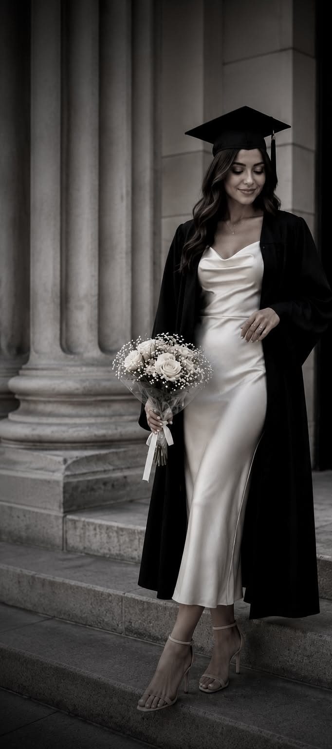 Woman in champagne satin midi dress, black graduation gown, and nude sandals holding roses.