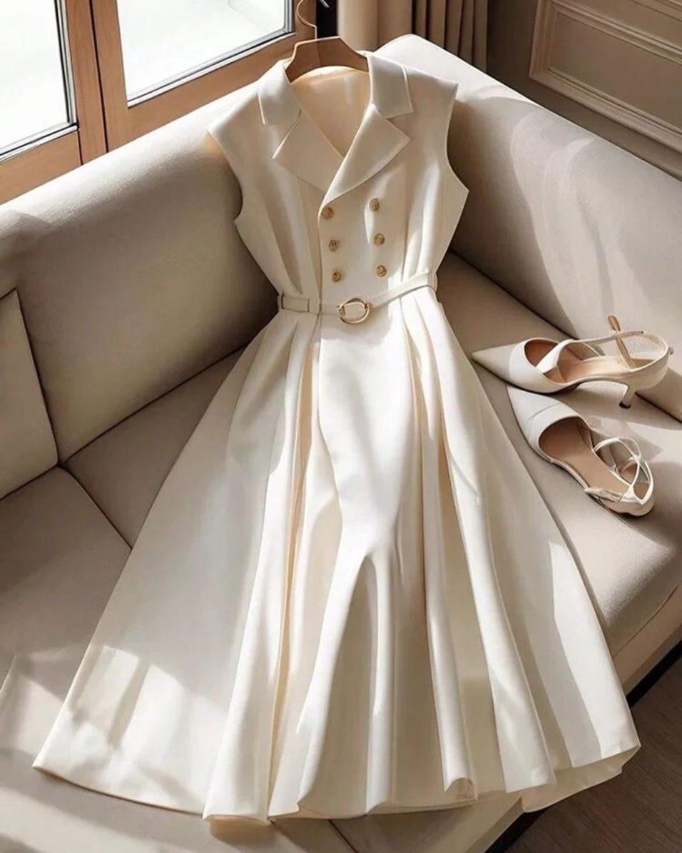 White sleeveless midi dress with gold buttons and belt on a cream sofa