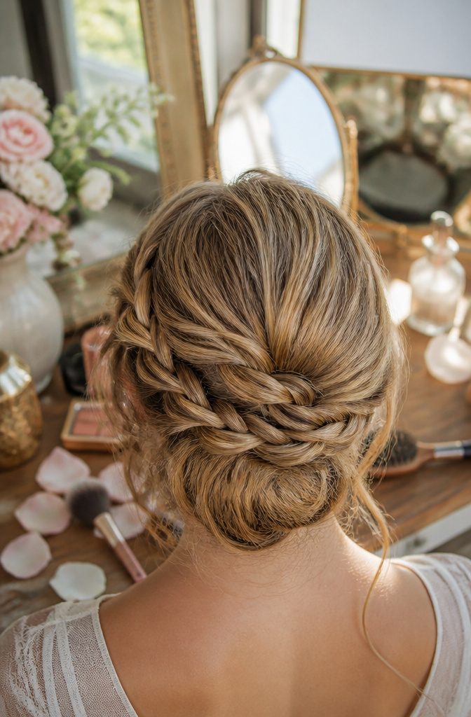 A beautifully braided low bun hairstyle on a wooden table.