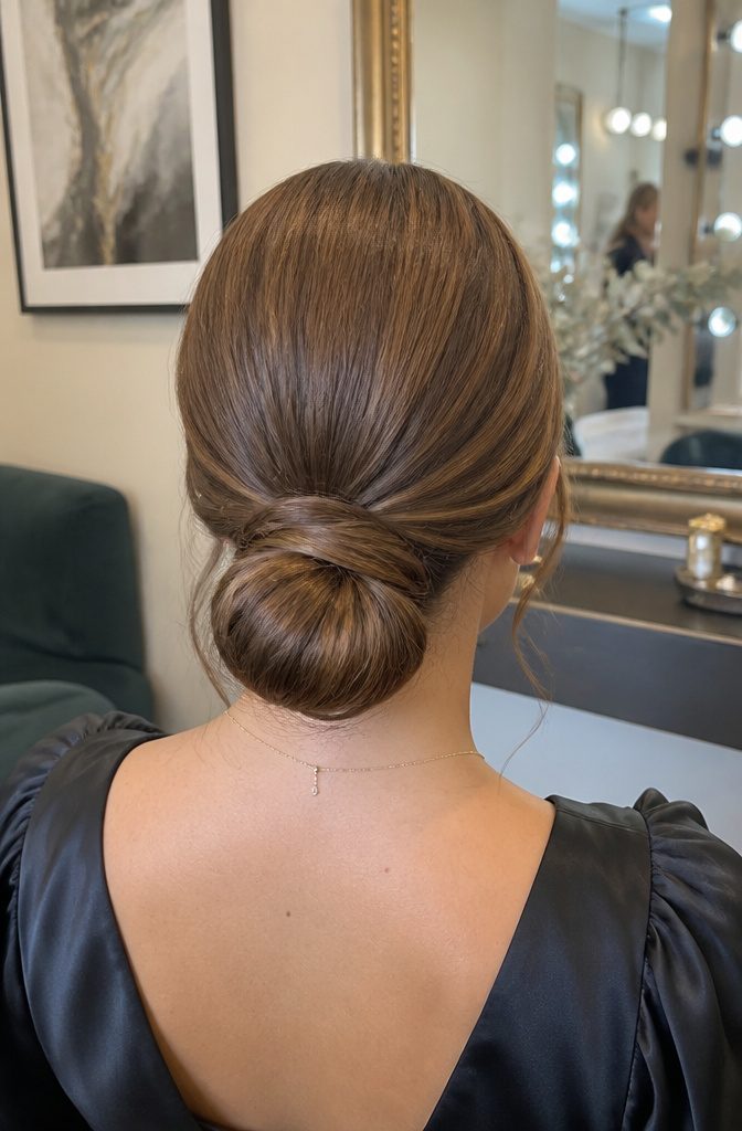 An elegantly styled classic low bun in a salon setting.