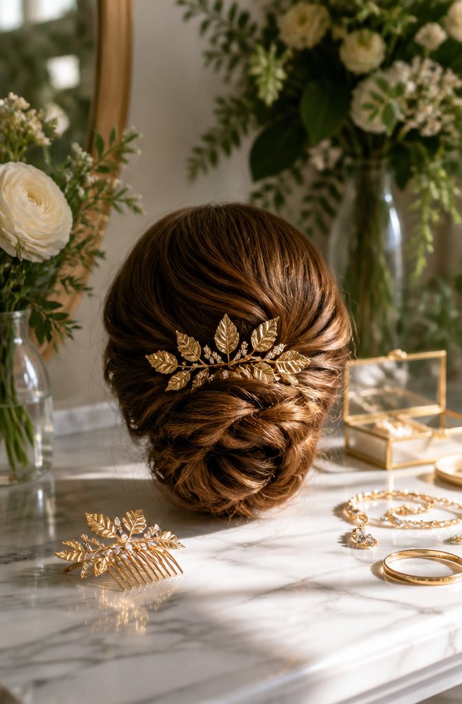 A gold leaf comb placed near a low bun on a marble counter.